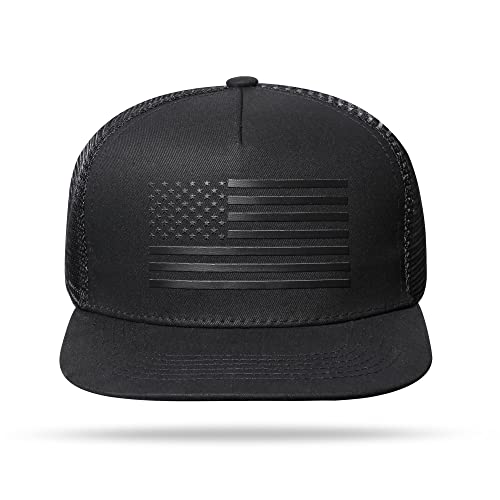 UALON Baseball Cap, Snapback Trucker Hat for Men & Women with American Flag and Adjustable, Breathable Mesh, Flat Bill Hats - color: Black/Black