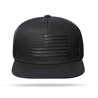 UALON Baseball Cap, Snapback Trucker Hat for Men & Women with American Flag and Adjustable, Breathable Mesh, Flat Bill Hats - color: Black/Black