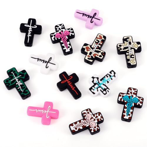 Beadthoven 12Pcs 12 Styles Cross Silicone Focal Beads Word Jesus Cow Leopard Printed Silicone Beads Cute Cross Shaped Charm Spacers for Pens Keychain Jewelry Making DIY Supplies Crafting - color: Jesus Cross 12 Styles