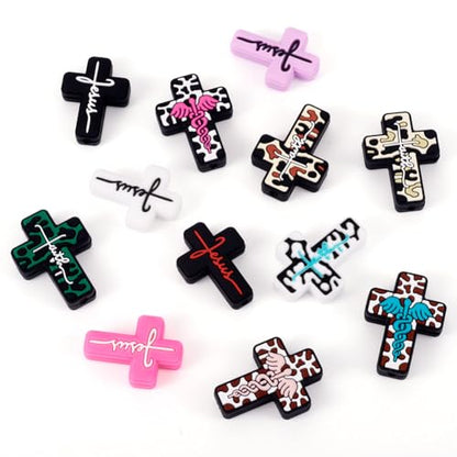 Beadthoven 12Pcs 12 Styles Cross Silicone Focal Beads Word Jesus Cow Leopard Printed Silicone Beads Cute Cross Shaped Charm Spacers for Pens Keychain Jewelry Making DIY Supplies Crafting - color: Jesus Cross 12 Styles