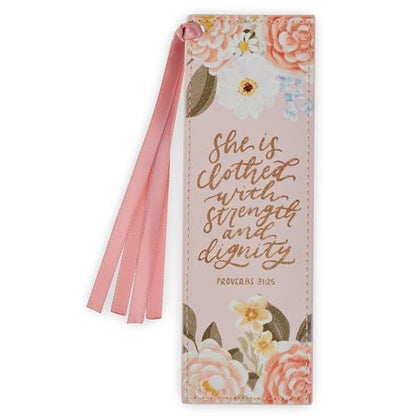 Christian Art Gifts Premium Faux Leather Bookmark: Strength & Dignity - color: Pink Floral/Strength & Dignity