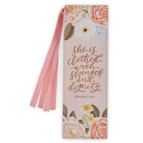 Christian Art Gifts Premium Faux Leather Bookmark: Strength & Dignity - color: Pink Floral/Strength & Dignity