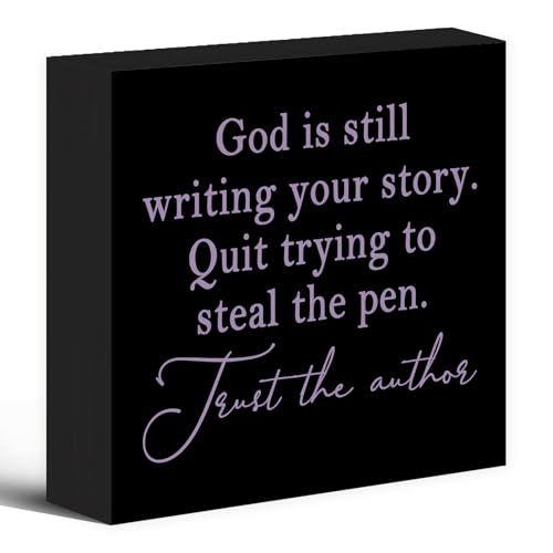 God Is Still Writing Your Story Black Purple Wood Box Sign Desk Decor 5X5, Christian Scripture Bible Verse Prayer Room Decor Block Sign Decorations for Home Office Wall Tabletop Shelf - color: Colour 15, size: 5 x 5 in