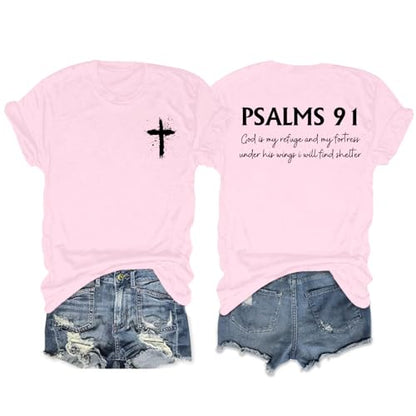 Christian Shirts for Women Psalms 91 Jesus Shirt Religious Faith God Tshirt Bible Verse Inspirational Tees Tops - color: Pink, size: Small