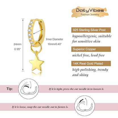 DAILY VIBES Cute Butterfly Star Cross Heart CZ Dangle Earrings for Women - color: Gold Mini Star