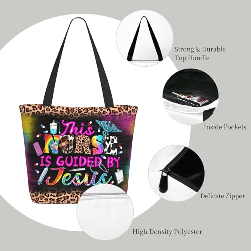 Bible Tote Bags for Women Christian Tote Bag Church Shoulder Bag Inspirational Bags With Zipper Christian Gift - color: This Nurse is Guided By Jesus