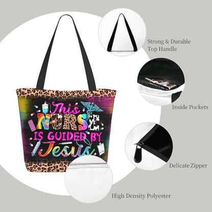 Bible Tote Bags for Women Christian Tote Bag Church Shoulder Bag Inspirational Bags With Zipper Christian Gift - color: This Nurse is Guided By Jesus