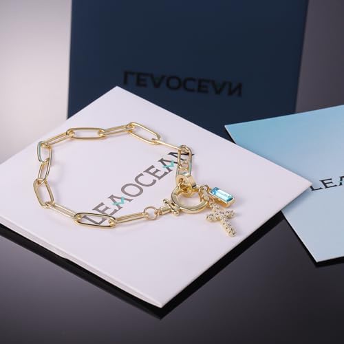 Paperclip Birthstone Cross Charm Bracelet – 18K Gold Plated Link Chain with Cross Charm & Personalized Birthstone, Adjustable Faith Jewelry Gift for Women, Baptism Confirmation Birthday - color: Mar - Aquamarine