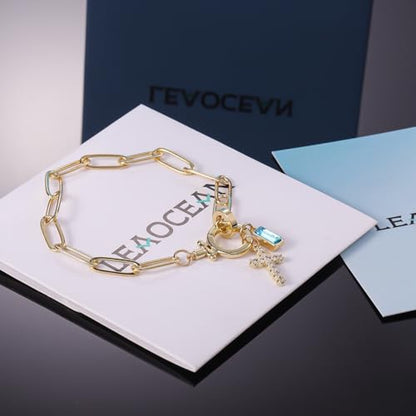 Paperclip Birthstone Cross Charm Bracelet – 18K Gold Plated Link Chain with Cross Charm & Personalized Birthstone, Adjustable Faith Jewelry Gift for Women, Baptism Confirmation Birthday - color: Sep - Sapphire