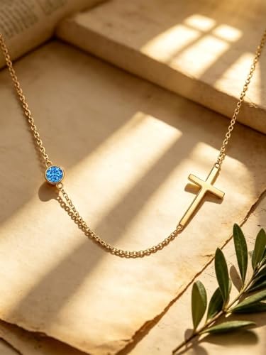 OJK 14K Gold Cross Necklace for Women Sideways Cross Birthstone Jewelry - color: 12-Topaz