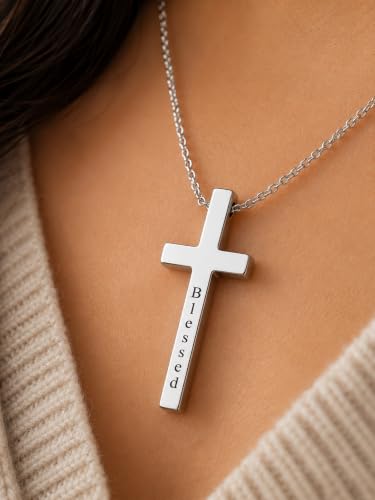 Engraved Cross Necklace for Men, Women & Boys & Girls Cross Necklace, Stainless Steel Cross Pendant Necklace, Faith & Inspiration Christian Jewelry Gift - color: Blessed