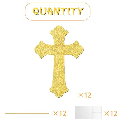 12Pcs Gold Glitter Cross Centerpiece Sticks LUCKYQUBE Double Sided Cross God Bless Centerpieces for Table First Communion Baptism Decorations for God Bless Theme Party Supplies