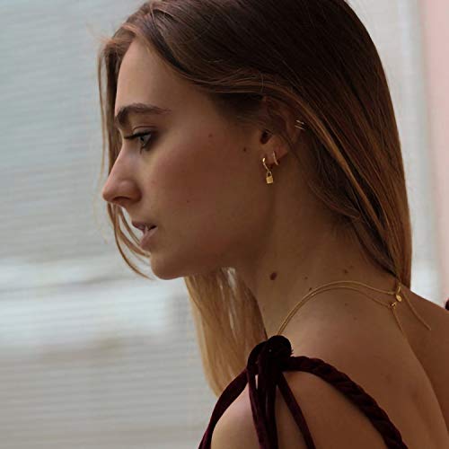 MYEARS Women Earrings Gold Huggie Hoop Dangle Drop 14K Gold Plated Small Simple Hypoallergenic Everyday Jewelry - style: Padlock