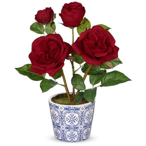 Hollyone Red Real Touch Roses Artificial Flowers in Vase Blue and White Porcelain Ceramic Pot 13.4" Fake Roses Flower Arrangement Artificial Plants & Flowers Potted Plant Faux Silk Rose Flower - color: Rose 3 - Red (13.4inch)