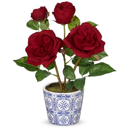 Hollyone Red Real Touch Roses Artificial Flowers in Vase Blue and White Porcelain Ceramic Pot 13.4" Fake Roses Flower Arrangement Artificial Plants & Flowers Potted Plant Faux Silk Rose Flower - color: Rose 3 - Red (13.4inch)