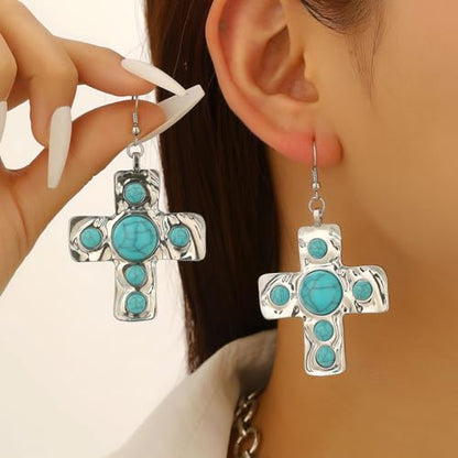 Chunky Gold Silver Cross Drop Dangle Earrings for Women Statement Western - color: Silver-Turquoise