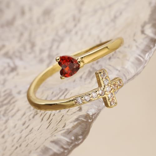 14K Gold Plated CZ Cross Heart Ring Eternity Promise Jewelry for Her - style: Orange Red Stone