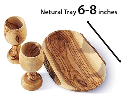 2 Small Communion Cups with Natural Olive Wood Bread Plate – Hand-Carved Kiddush Set for Church, Ministry & Worship – Includes Certificate of Origin - color: 2 Cup Set [Medium, Natural Olive Wood Tray]