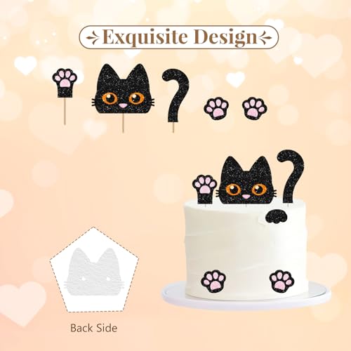 Black Cat Cake Topper, Cat Birthday Cake Decor, Black Glitter Kitten Baby Shower Cake Topper for Girl, Pet Themed Birthday/Adoption DayParty Decoration - style: Black Cat