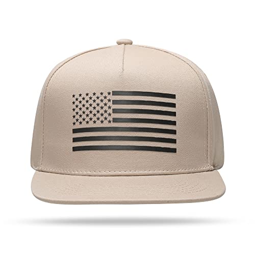 UALON Baseball Cap, Snapback Trucker Hat for Men & Women with American Flag and Adjustable, Breathable Mesh, Flat Bill Hats - color: Khaki
