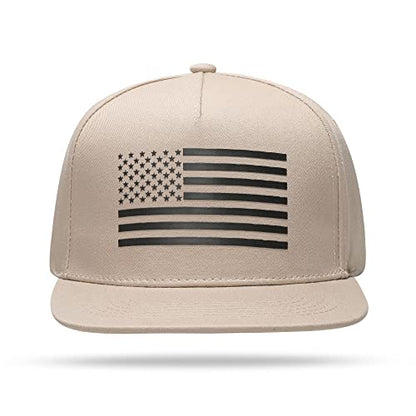 UALON Baseball Cap, Snapback Trucker Hat for Men & Women with American Flag and Adjustable, Breathable Mesh, Flat Bill Hats - color: Khaki