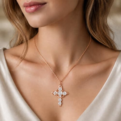 Cross Necklace 18k Gold Plated Christian Faith Jewelry Gift for Women - color: Crown-Rose Gold