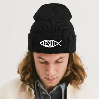 Christian Jesus Fish Beanie Hat for Men Women, Cuffed Beanie Jesus Hats, Religious Gifts for Christmas, New Years - color: Black, style: Jesus Fish
