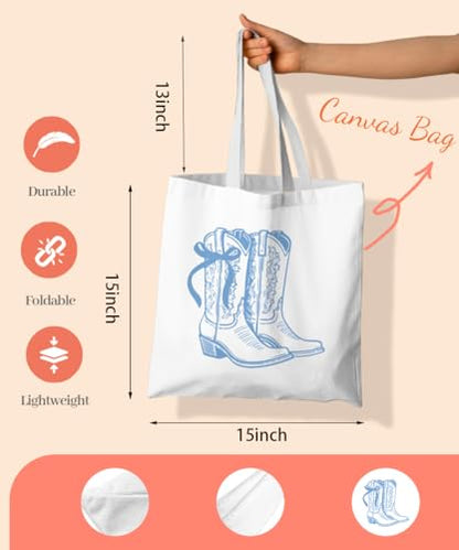 Coquette Bow Bible Canvas Tote Bag for Women Teens Teen Girls, Pink Bow Girls Tote Bag, Coquette Gifts - color: Blue Cowgirl Boots