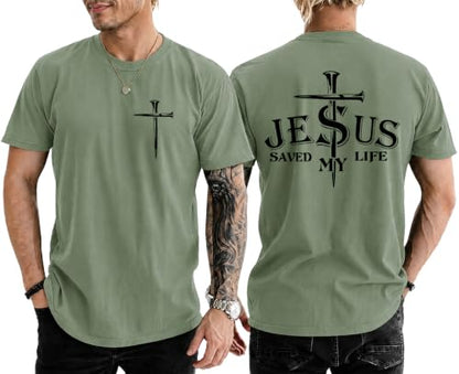 Christian Jesus Cross Shirts for Men Jesus Saved My Life T-Shirt God Tee - color: Green, size: Small