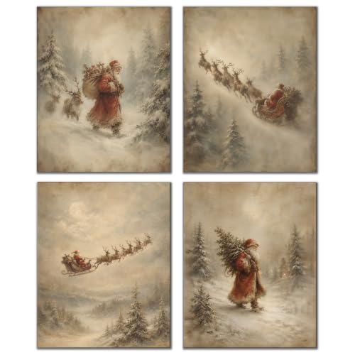 DOFQZ Vintage Christmas Santa Sleigh Reindeer Wall Art Prints 8x10 Set of 4 - color: 31Child, size: 8*10