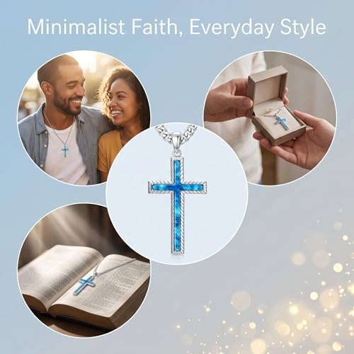 MRENITE Silver Natural Stone Cross Necklace, Classic Latin Cross Pendant Necklace for Unisex Women Man, Vintage Crystal Quartz Cross Necklace with 20+2 Inches Adjustable Cuban Chain - style: Blue Opal