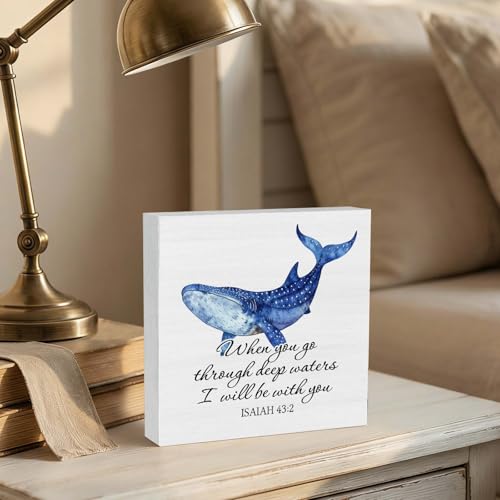 Christian Coastal Whale Wooden Box Signs Desk Decor, Christian Beach Home Decor, Bible Verse Religious Wooden Signs Desk Decorations for Home Bedroom Office Tabletop Shelf Wall, 5x5in