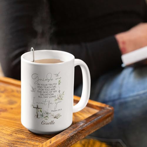 Flower And Cross Accent Cup, Custom Name Religious Mug, Christian Themed Cup 11oz 15oz, Personalized Bible Coffee Mug, Gift For Women On Holiday, Customized Christian Ceramic Mug - color: XUA-624-2341-Guide Me Psalm