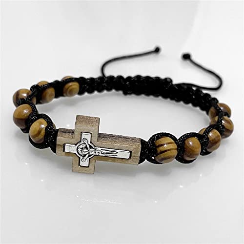 8MM Wood Rosary Bracelet, Adjustable Black Cord Catholic Cross