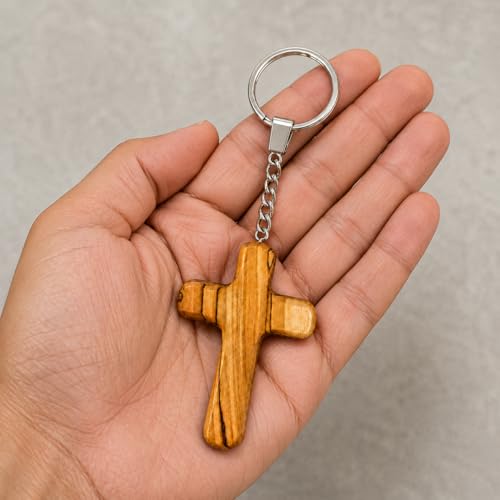 Bethlehem Olive Wood Cross Keychain – Handmade Holy Land Christian Wooden Key Ring Religious Gift