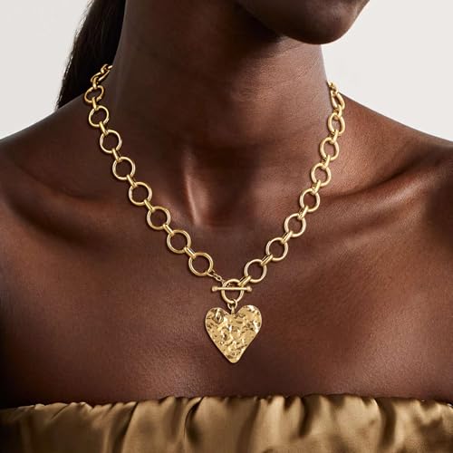14K Gold Plated Chunky Heart Necklace for Women - color: 1-heart chain