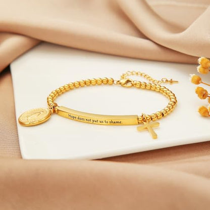 DS Women Christian Charm Bracelet,Cross Scripture Stainless Steel Jewelry - style: Hope does not put us to shame.-Gold
