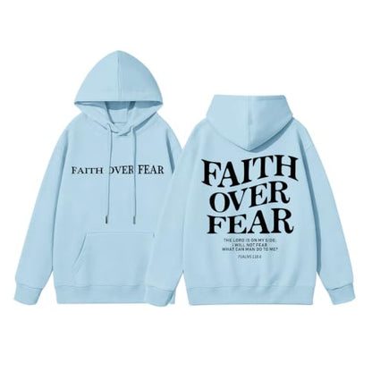 Fkatuzi Christian Faith Over Fear Hoodies For Teen Jesus Hoodie God Sweatshirt Bible Verse Religious Graphic Tops - color: Light Blue, size: Large