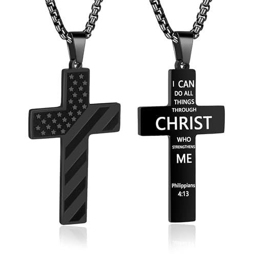 American Flag Cross Necklace for Men, Christian Confirmation Baptism Gifts - color: Black, style: Philippians 4:13