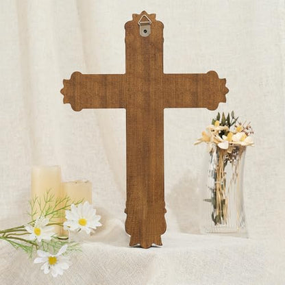 Handcrafted Wooden Wall Cross with Ornate Lily Flower Carved Design - size: 14"L x 10"W