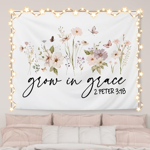 AQYIP Floral Christian Tapestry, Grow in Grace Butterfly Wildflowers Floral Tapestry, Bible Verse Wall Blanket Decor for Home Living Room Bedroom, 50x60 Inch - color: 3 - grow in grace
