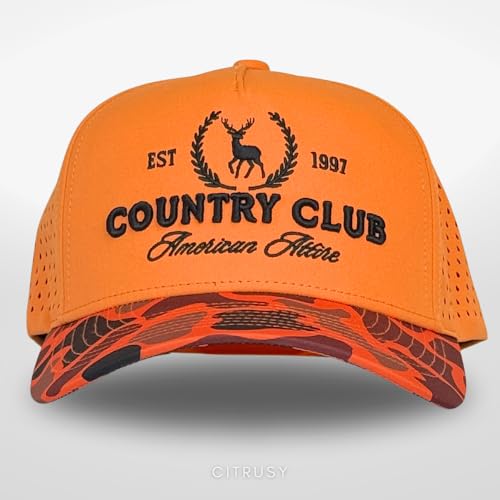 CITRUSY Athletic Trucker Golf Hat | Performance Mens 5 Panel Cap | Cool Breathable Waterproof Workout Running Snapback - color: Country Club | Blaze Orange