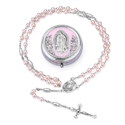 Guadalupe Rosary Beads for Women with Metal Box and 18pcs Holy - color: Pink