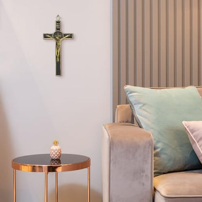 KOMI 7.5" Metal Crucifix Wall Cross with Black Enamel Catholic Jesus Cross - color: Black-Gold