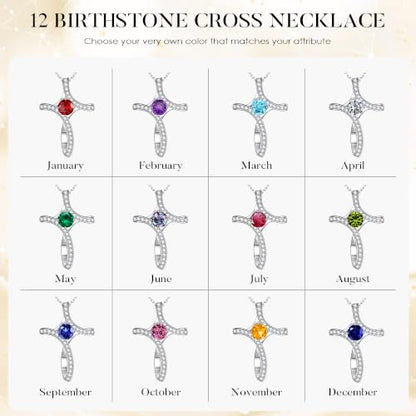 Iefil Cross Necklace for Women - Birthstone Necklace for Women Wife Her - color: 07-July-Ruby Red