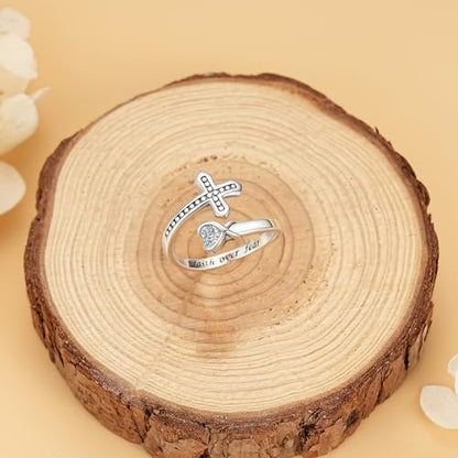 Sterling Silver Open Adjustable Ring Wrap Stack Statement Jewelry Gift - color: Faith Over Fear