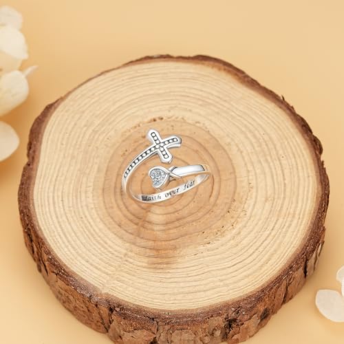 Sterling Silver Open Adjustable Ring Wrap Stack Statement Jewelry Gift - color: Faith Over Fear