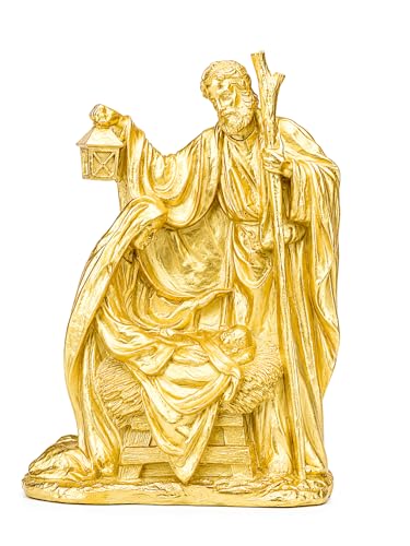 Holy Family Nativity Statue Resin Christmas Tabletop Decor Metallic Gold Religious Figurine for Mantel Shelf Centerpiece Christian Home Decorations 12" x 9"
