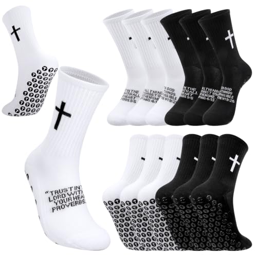 4/6 Pairs Christian Anti Slip Bible Verse Cross Print Socks - color: Black & White 3:5