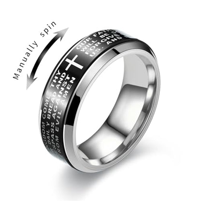 Fidget Spinner Lord's Prayer Ring Titanium Steel Christian Cross Bible Verse Ring, Anxiety Relief Religious Jewelry, Rotatable Prayer Fidget Accessory